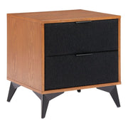 Boucle Drawer Wood-Grain Nightstand styled beside a bed with a lamp and book