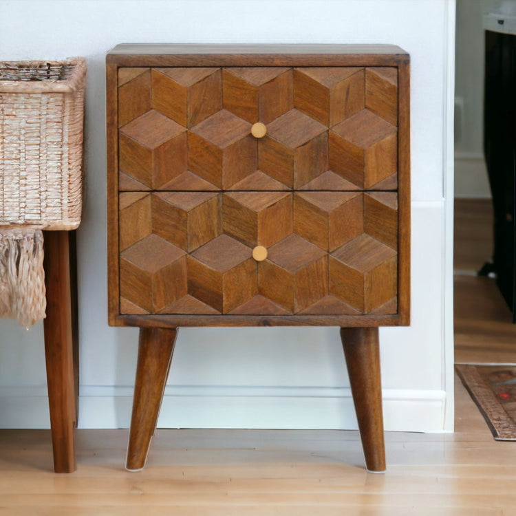 Cube-Carved Mango Wood Nightstand
