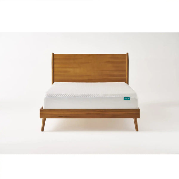 Honey-brown panel bed with white mattress shown straight on against white.