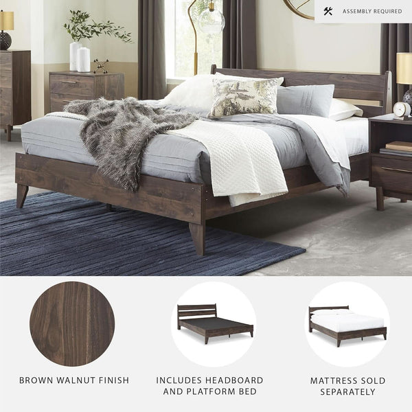 Bed feature graphic with a brown wood-grain swatch, mattress outline and styled bedroom photo.