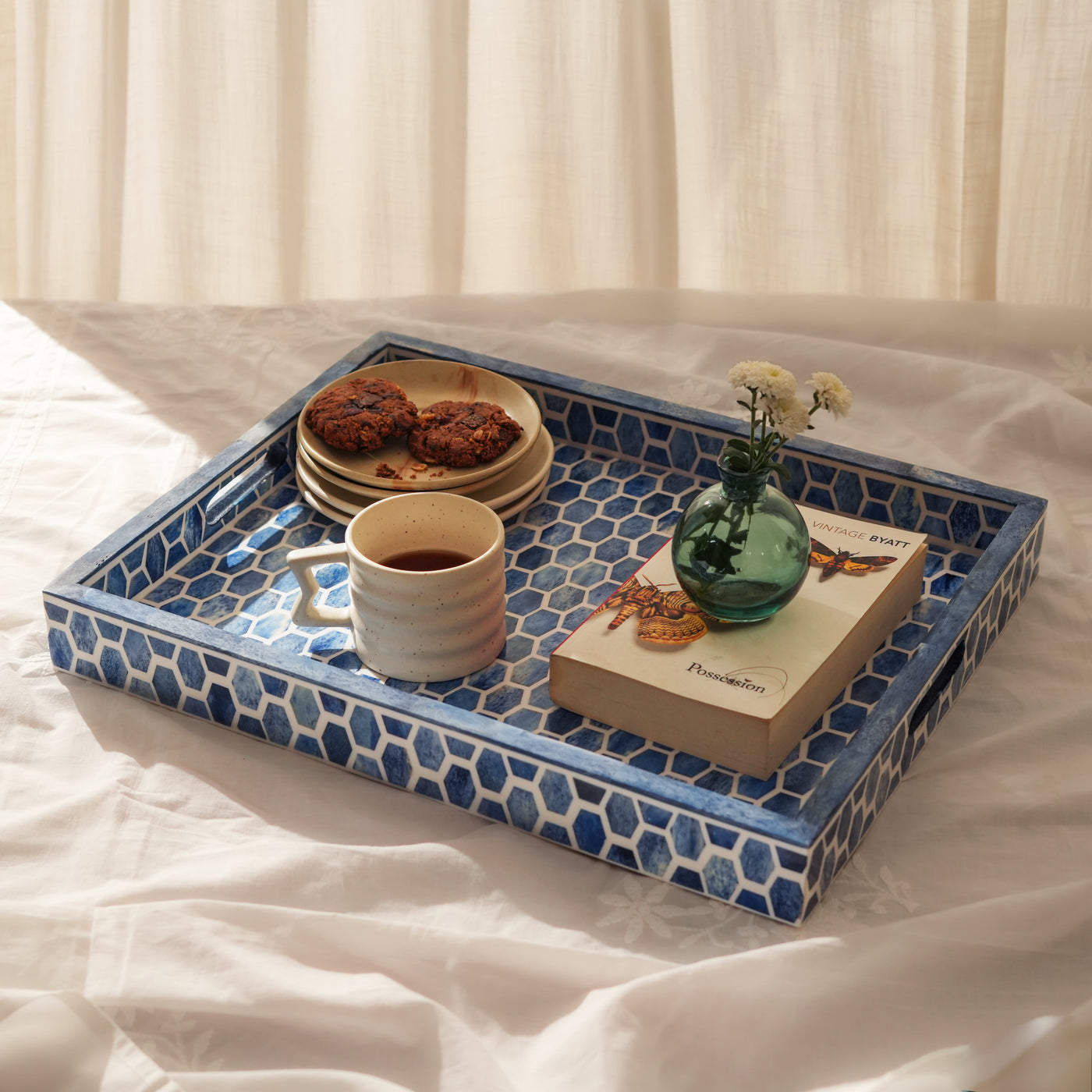Indigo Honeycomb Bone Inlay Serving Tray