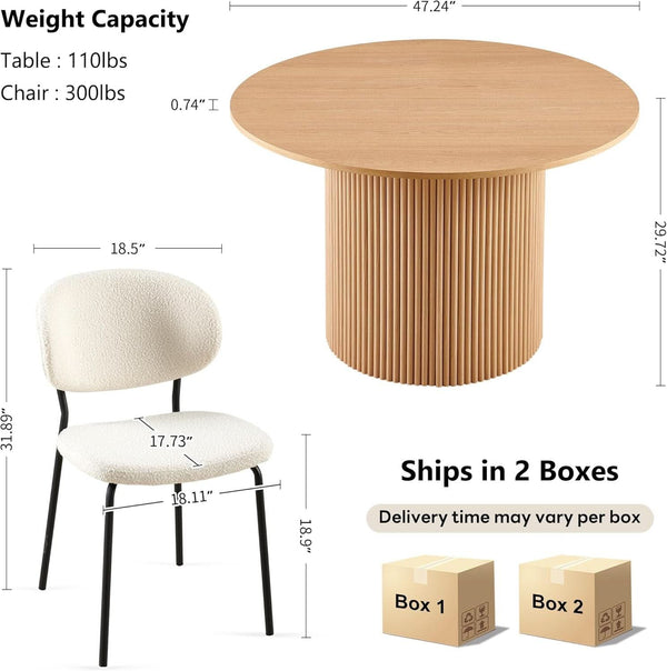 47-Inch Round Oak Dining Set with Bouclé Seating