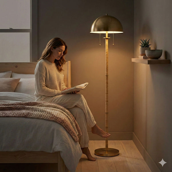 Allure Gold & Rattan Two-Light Floor Lamp