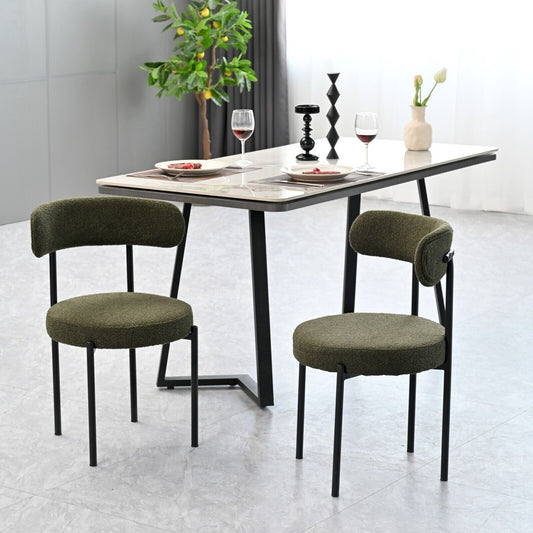 Boucle Crescent-Back Dining Chairs Set — Set of two boucle dining chairs in moss green with matte black metal legs