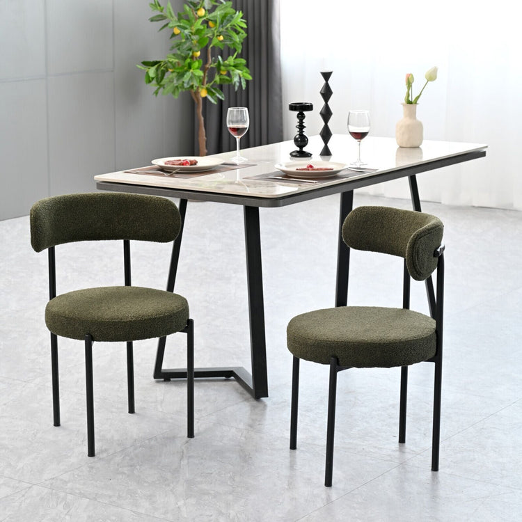 Boucle Crescent-Back Dining Chairs Set — Set of two boucle dining chairs in moss green with matte black metal legs