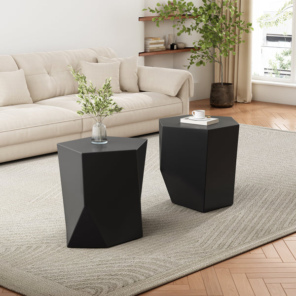 Geometric MGO Coffee Table Set styled with ceramics and a linen runner