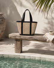 Leather Trim Cane Weave Carryall Bag