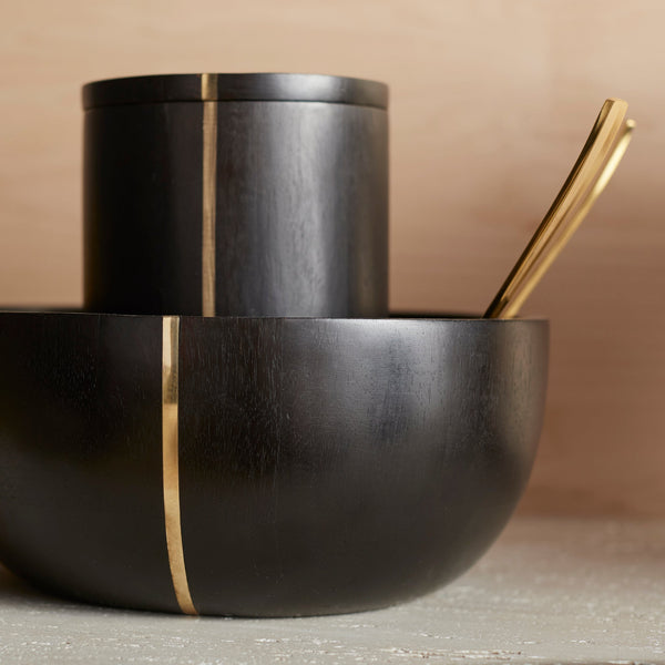 Dark Wood Brass-Inlay Serving Bowl