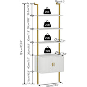 White Oak & Gold Ladder Bookshelf with Cabinet, 5-Tier
