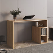Oak-Grain Wide Shelving Office Desk — Wide oak-grain desk with three integrated open side shelves