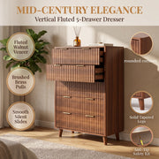 Walnut Fluted 5-Drawer Tall Dresser