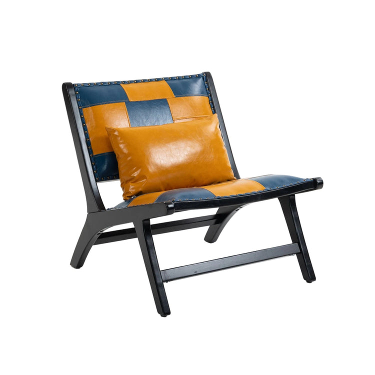 Patchwork Leather Sling Accent Chair styled on a sunlit patio with side table