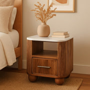 Fluted Mango Wood Marble-Top Nightstand