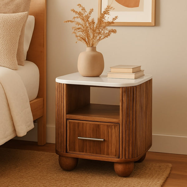 Fluted Mango Wood Marble-Top Nightstand