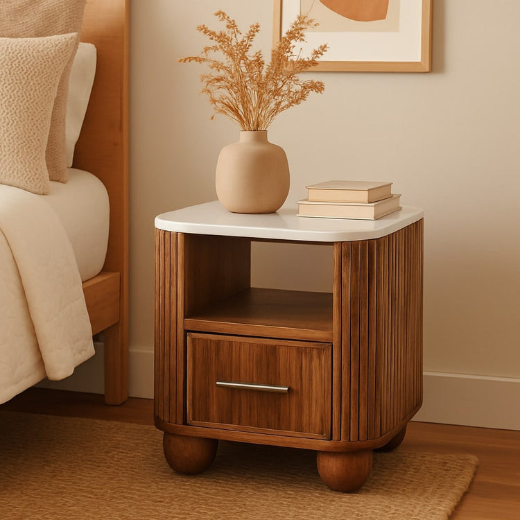 Fluted Mango Wood Marble-Top Nightstand