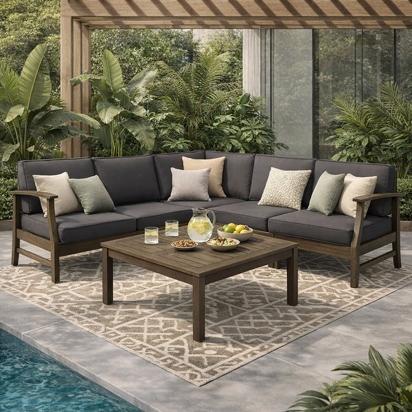 Acacia Wood Sectional Outdoor Sofa Set — Acacia sectional set with charcoal cushions and slatted coffee table