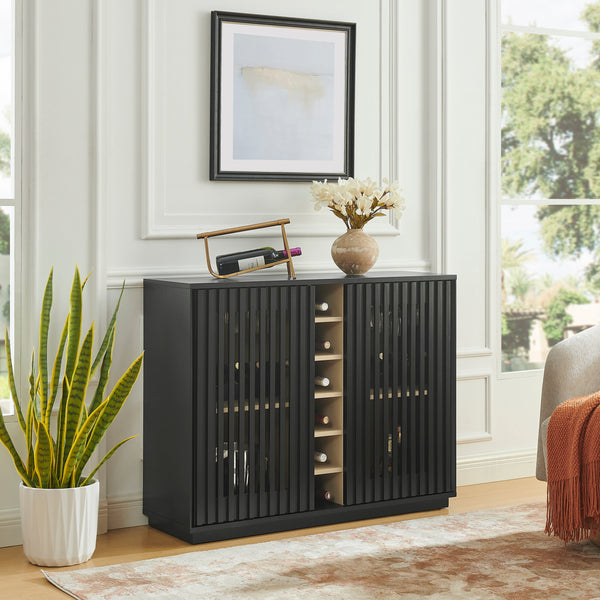 Fluted Black Wood-Grain Liquor Cabinet