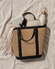 Leather Trim Cane Weave Carryall Bag