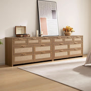 Caramel Oak Rattan-Front Dresser, 7-Drawer