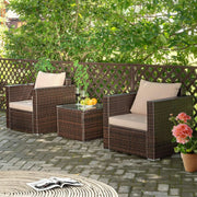 3 Piece Outdoor Patio Furniture Set Rattan Wicker With Washable Cushions And Tempered Glass Tabletop