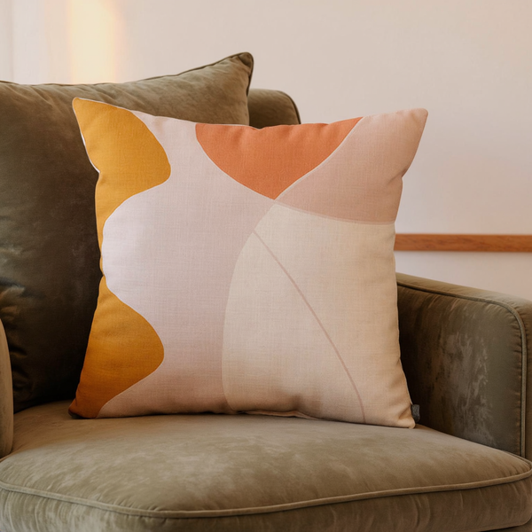 Abstract Print Linen-Blend Throw Pillow in a close view on coordinated upholstered seating