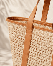 Leather Trim Cane Weave Carryall Bag