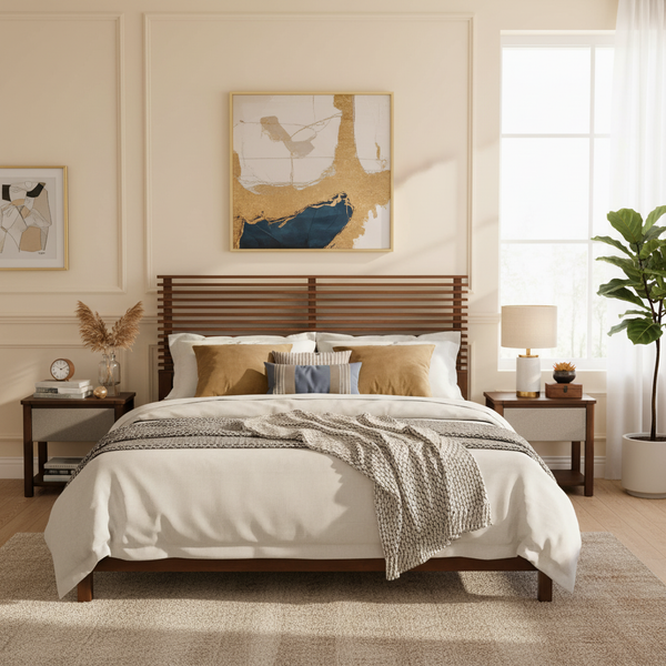 Slatted Walnut King Bed Frame with Headboard