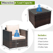 3 Piece Outdoor Patio Furniture Set Rattan Wicker With Washable Cushions And Tempered Glass Tabletop