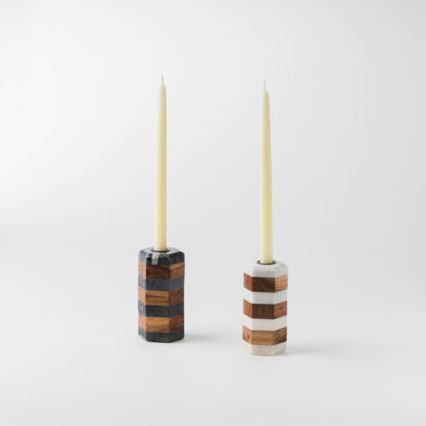 Striped Marble Acacia Taper Candleholder
