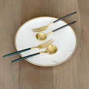 Two-Tone Matte Gold Dessert Set — Brushed gold heads, color-dipped stems — eight-piece dessert flatware set