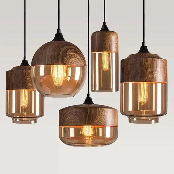 Wood-Grain Cap Glass Pendant Light