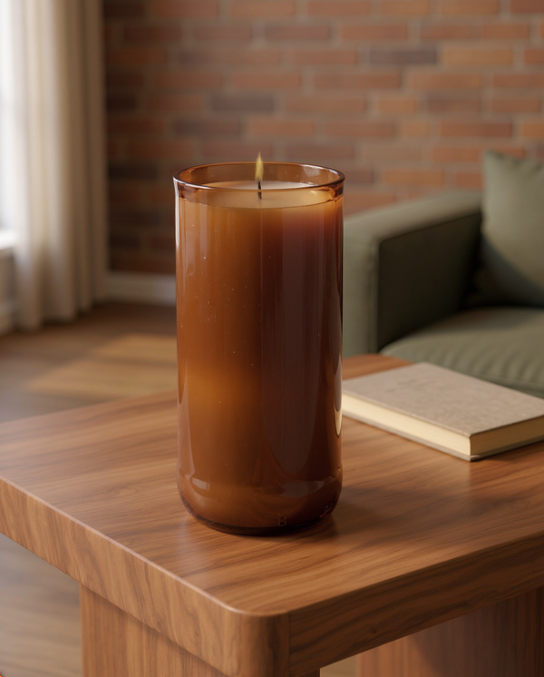 Amber Recycled Glass Fig Candle styled in a warm editorial loft