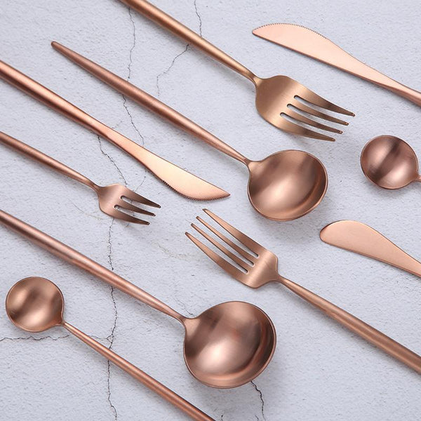 Matte Rose Gold Flatware Set — Matte rose-toned stainless flatware set — slender, considered, built for daily use