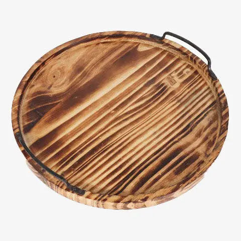 Scorched Mango Wood Serving Tray styled on a console with ceramics and books