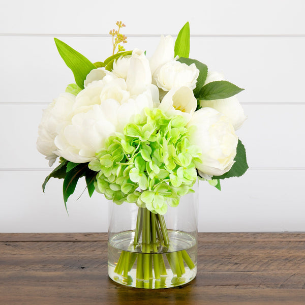 Faux Peony Hydrangea Tulip Arrangement