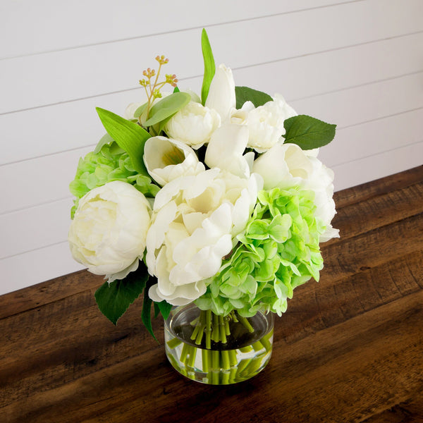 Faux Peony Hydrangea Tulip Arrangement