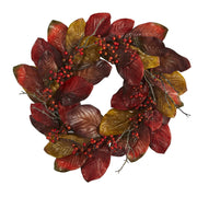 Harvest Magnolia Leaf and Berry Artificial Wreath, 24 in