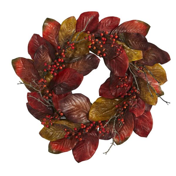 Harvest Magnolia Leaf and Berry Artificial Wreath, 24 in