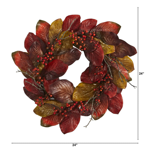 Harvest Magnolia Leaf and Berry Artificial Wreath, 24 in