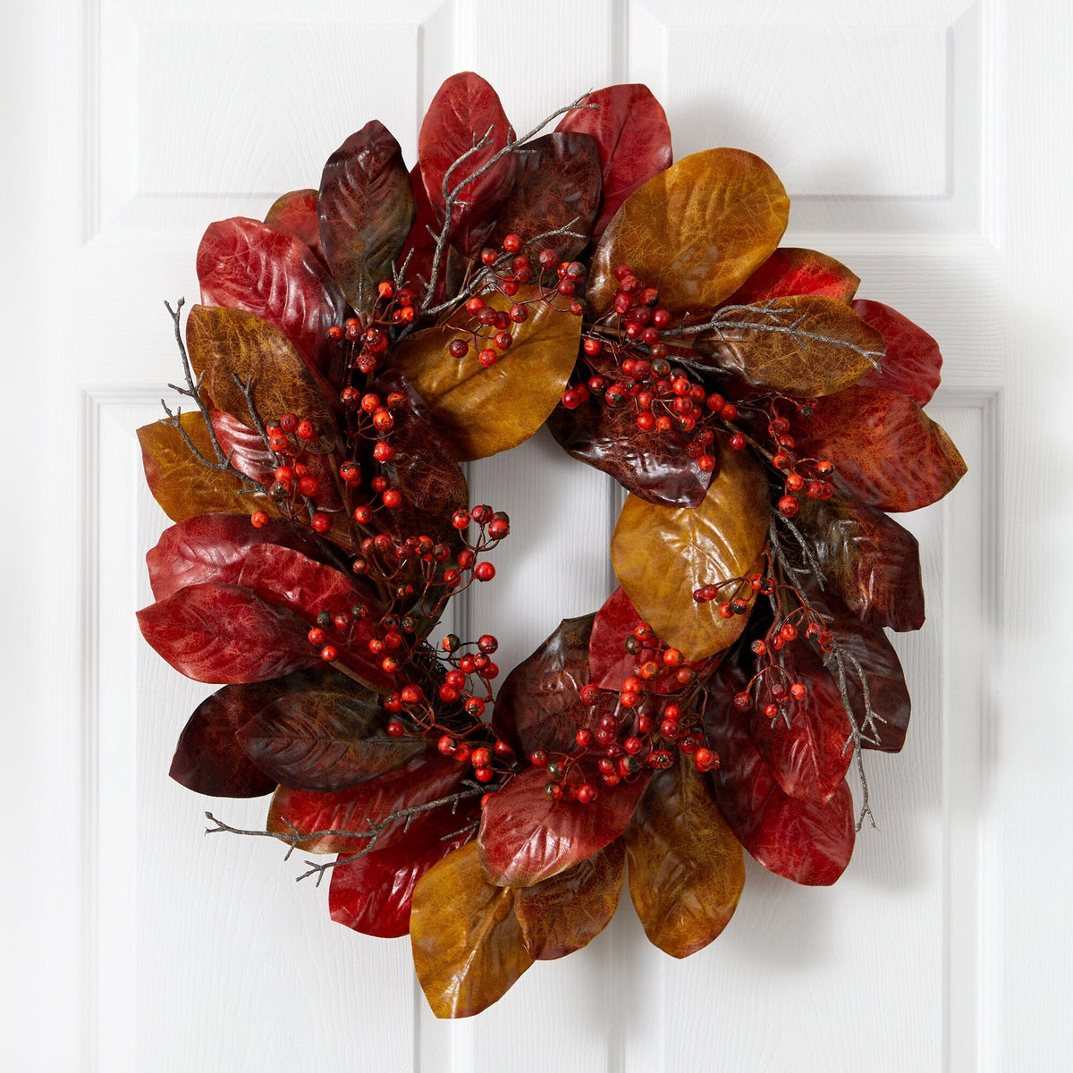 Harvest Magnolia Leaf and Berry Artificial Wreath, 24 in
