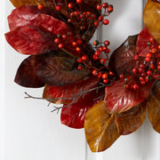 Harvest Magnolia Leaf and Berry Artificial Wreath, 24 in