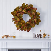 Autumn Magnolia Leaf and Berry Artificial Wreath