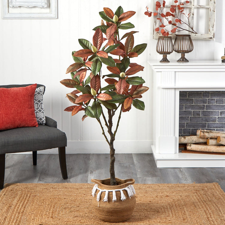 Autumn Artificial Magnolia Tree in Jute Basket, 5 ft
