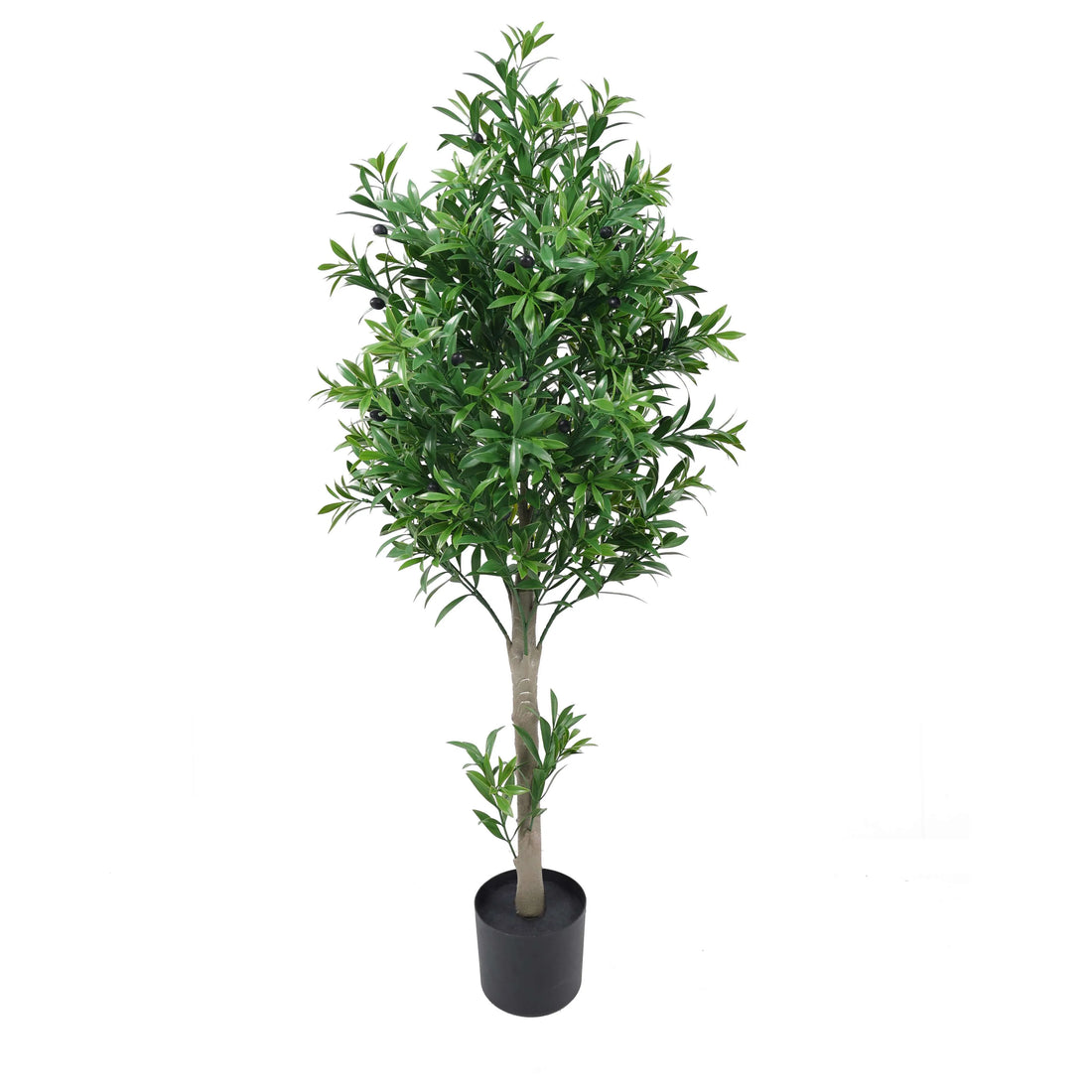 47.2-inch artificial olive tree with dense green foliage and a weighted black pot on a white background