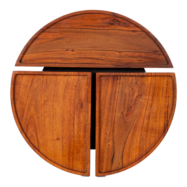 Close-up of acacia wood grain and teak-finish detail — Sectioned Acacia Round Side Table