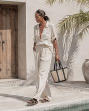 Leather Trim Cane Weave Carryall Bag