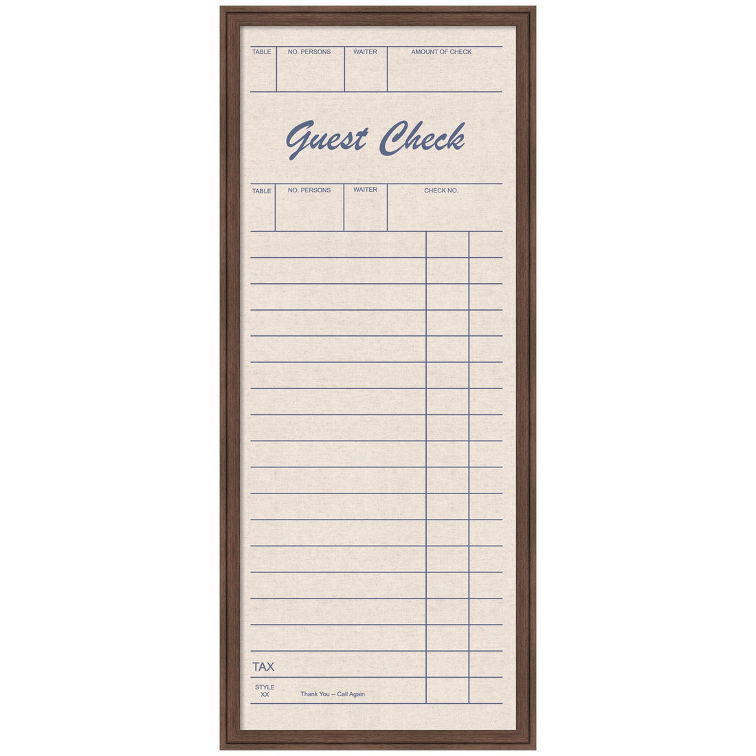 Guest Check Linen Fabric Pinboard — Linen pinboard with vintage guest check print, in a wood-grain finish frame