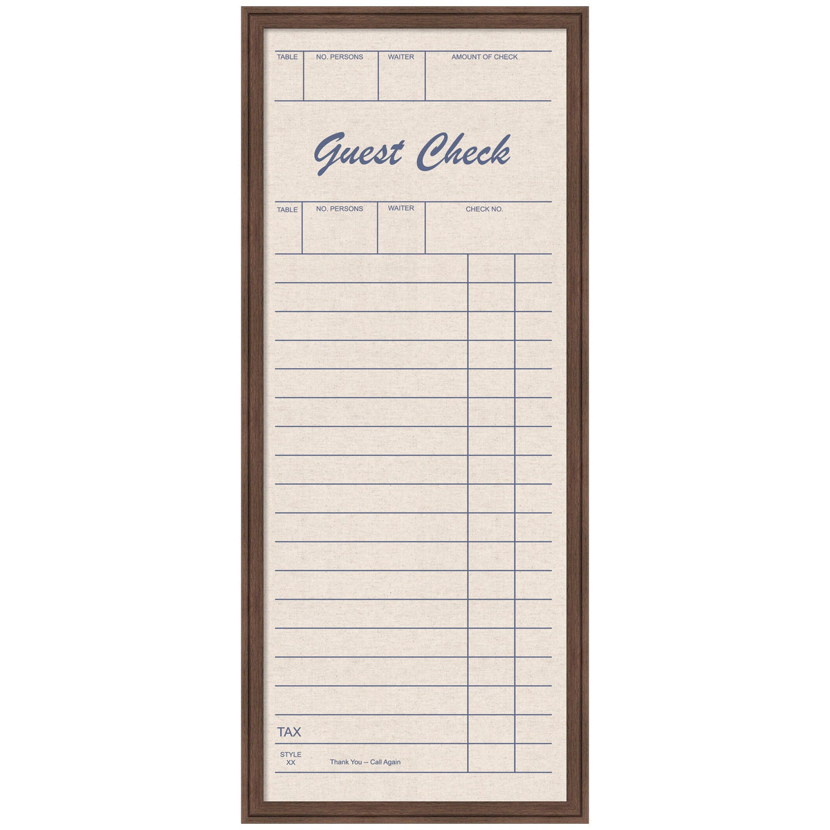 Guest Check Linen Fabric Pinboard — Linen pinboard with vintage guest check print, in a wood-grain finish frame