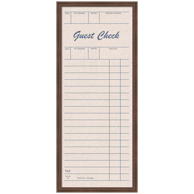 Guest Check Linen Fabric Pinboard — Linen pinboard with vintage guest check print, in a wood-grain finish frame