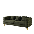 Boucle Channel-Arm Three-Seat Sofa — Olive boucle three-seater with channel arms and gold-tone legs